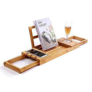 Utoplike Bamboo Bathtub Caddy Tray Bath Tray for Tub, Adjustable Bathroom Bathtub Organizer with Book Tablet Wine Glass Cup Towel Holder