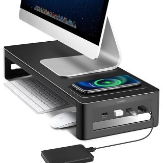 VAYDEER Monitor Stand Riser with Wireless Charger and USB3.0 Hub Support Data Transfer and Extra Storage Steel Desk Organizer for Laptop Computer Up to 27 inches and 66 pounds