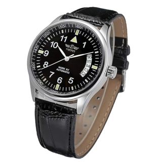 VIGOROSO Men&amp;#039;s Sport Day Date Black Leather Automatic Self Winding Watch