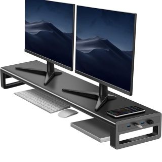 Vaydeer Dual Monitor Stand with USB 3.0 Hub - Metal Riser for 2 Computers, TV & More | Multifunctional Desktop Organizer