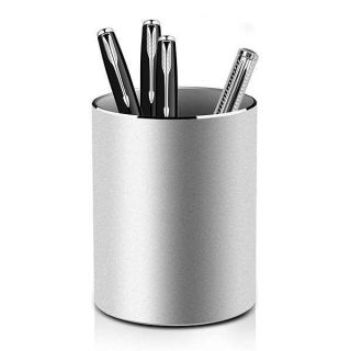 Vaydeer Metal Pen Holder Aluminum Pencil Holder for desk, Round Desktop Organizer and Silver Pencil Cup for Office, School, Home and Stationary Supplies (3.15 x 3.15 x 3.94 Inches)