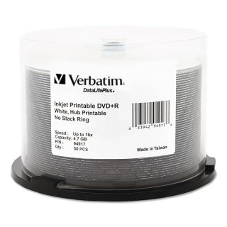 Verbatim DVD+R 4.7GB 16X DataLifePlus White Inkjet Printable, Hub Printable - 50pk Spindle - 94917, White