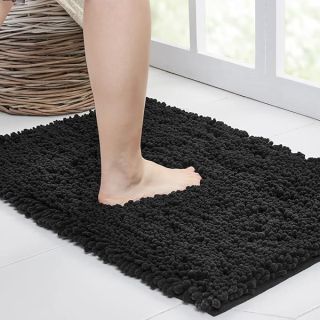 Walensee Bathroom Rug Non Slip Bath Mat (24x17 Inch Black) Water Absorbent Super Soft Shaggy Chenille Machine Washable Dry Extra Thick Perfect Absorbant Best Small Plush Carpet for Shower Floor