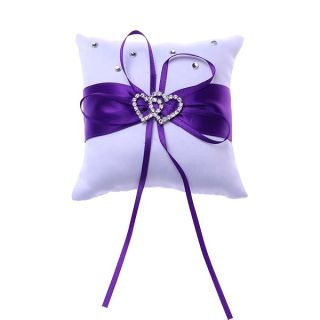 Wedding Ring Pillow, 4 x 4Inch Purple Bridal Ring Bearer Holder Cushion Double Heart Wedding Ring Box Wedding Accessories Decoration Supplies