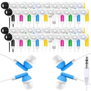Bulk Earbud Headphones 60 Pack for Kids - Multi-Colored, Individually Bagged for Schools & Libraries