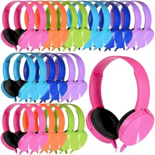 Bulk Wensdo Headphones 24 Pack: Comfy Multi-Colored Earphones for Classroom, Travel & Online Learning
