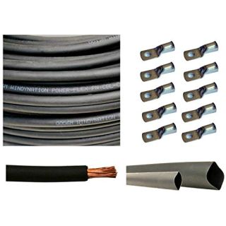 WindyNation WNI 1/0 AWG 1/0 Gauge 20 Feet Black Battery Welding Pure Copper Ultra Flexible Cable + 5pcs of 5/16" & 5pcs 3/8" Copper Cable Lug Terminal Connectors + 3 Feet Heat Shrink Tubing