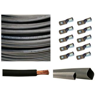 WindyNation WNI 2 AWG 2 Gauge 15 Feet Black Battery Welding Pure Copper Ultra Flexible Cable + 5pcs of 5/16" & 5pcs 3/8" Copper Cable Lug Terminal Connectors + 3 Feet Heat Shrink Tubing