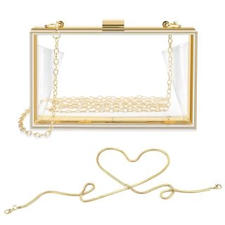 Women's Clear Purse, Acrylic Clear Clutch Bag, Transparent Stadium Approved Crossbody Shoulder Evening Handbag with Two Detachable Chains for Wedding, Party (Gold) (Fits Phones UP TO 6.5" Screen)