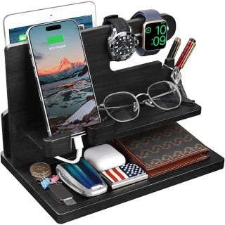 Wood Phone Docking Station - Nightstand Charging Organizer and Cell Phone Stand - Bedside Gift for Men