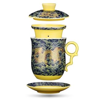 YURROAD Chinese Dragon Pattern Tea-Mug with Strainer Infuser and Lid and Saucer Ceramic Tea Mug Convenient System Chinese Porcelain Personal Tea Cup 13.5oz(400ml) - DARK GREEN TC400