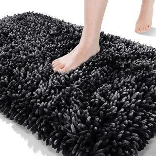 Yimobra Bath Rug Mat 31.5 x 19.8, Soft and Absorbent Water Non Slip Chenille Bathroom Rug, Machine Washble Quick Dry Bath Mat, Shower Mat Outside Shower, Bathroom Home Decor Accessories, Black