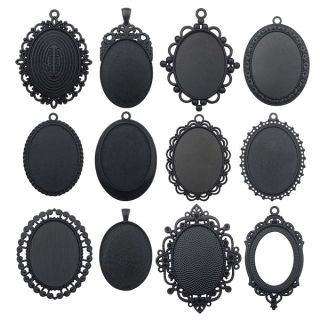 Youdiyla 10pcs 30x40mm Black Pendant Trays, Blank Glass Cabochons Dome Base Setting Bezel Frame Cameo Metal Alloy Charms for Jewelry Making DIY Findings (HM117)