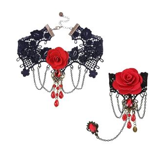 Youniker Choker Necklace Bracelet Jewelry Set for Halloween Steampunk Costume Party Women Gothic Black Lace Necklace Punk Rose Beads Vintage Victorian Lolita Pendant Collar