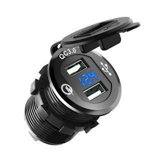 ZYTC Quick Charge 3.0 Car Charger 12V/24V 36W Aluminum Black Waterproof Dual QC3.0 USB Fast Charger Socket Power Outlet with Blue LED Digital Voltmeter for Marine, Boat, Motorcycle, Truck, Golf Cart