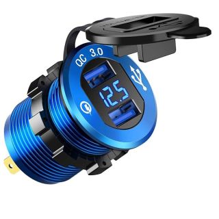 ZYTC Quick Charge 3.0 Car Charger 12V/24V 36W Aluminum Blue Waterproof Dual QC3.0 USB Fast Charger Socket Power Outlet with Blue LED Digital Voltmeter for Marine, Boat, Motorcycle, Truck, Golf Cart