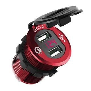 ZYTC Quick Charge 3.0 Car Charger 12V/24V 36W Aluminum Red Waterproof Dual QC3.0 USB Fast Charger Socket Power Outlet with Red LED Digital Voltmeter for Marine, Boat, Motorcycle, Truck, Golf Cart