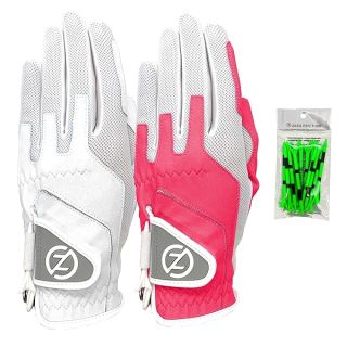 Zero Friction Ladies Compression-Fit Synthetic Golf Glove (2 Pack with Free Pack of tees), Universal Fit One Size, White/Pink