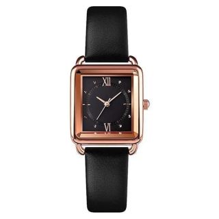 carlien Women Quartz Watch Lady Stylish Rectangle Dress Watch with Leather Strap and Sapphire Crown (Small-Black)