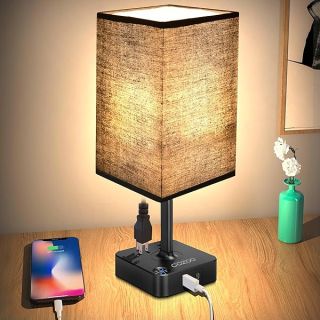 cozoo USB Bedside Table Desk Lamp with 2 USB Charging Ports and 2 Outlets Power Strip,Black Charger Base with Black Fabric Shade, LED Light for Bedroom/Nightstand/Living Room