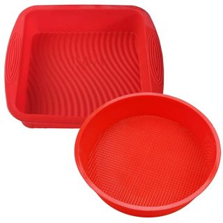 findTop Set of 2, Silicone Cake Baking Pan, Square Shape 8.5 Inch Cake Mold and 9 Inch Round Shape Non-Stick Bakeware Mold, Red