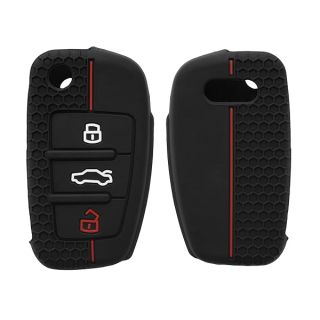 kwmobile Car Key Cover Compatible with Audi 3 Button Flip Key Key Cover - Silicone Protective Car Key Fob Case - Black/Red