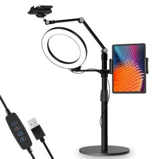 viozon 3-in-1 Selfie Desktop Live Stand, Height Adjustable/Overhead, 8&amp;quot; LED Ring Light, Compatible with 3.5-13&amp;quot; Tablet&amp; Phone, Suitable for YouTube/Tiktok/Recording/Streaming/Online Meeting-B